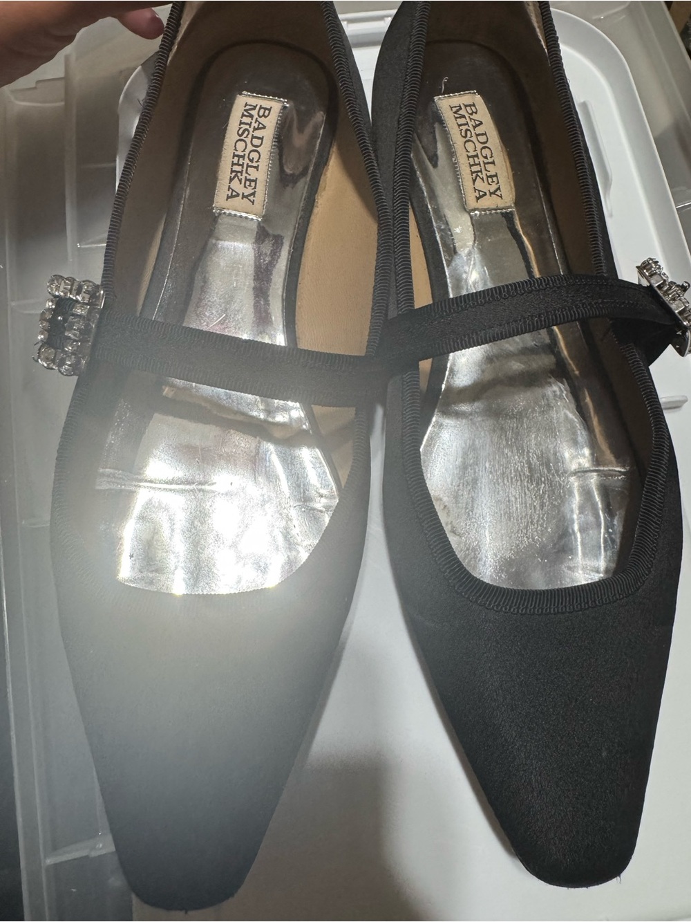 Badgley Mischka Black Pointed Mary Jane Flats with Crystal Buckle